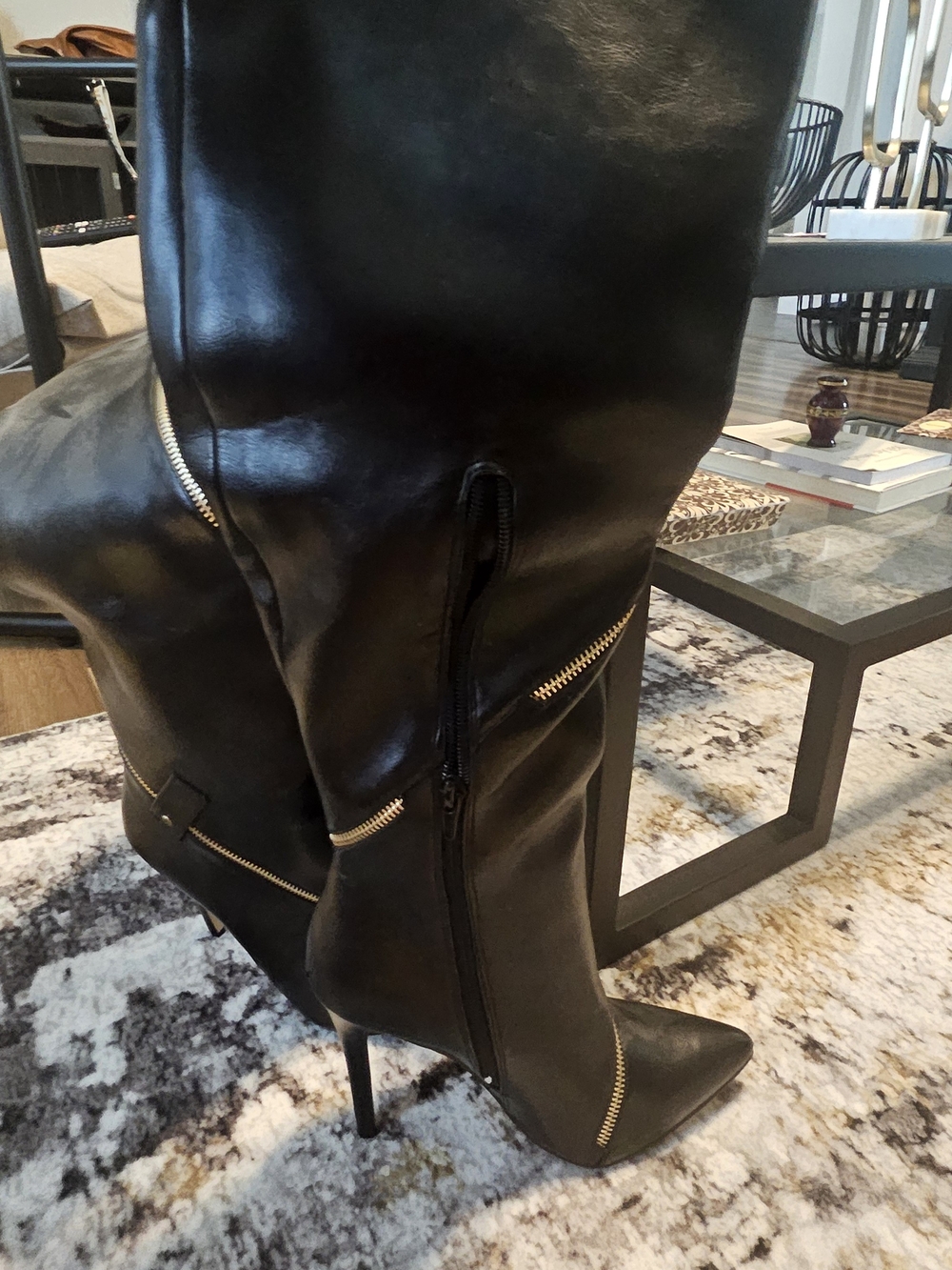 Black Women's Thigh High Heel Zip-Accent Boots - Picture 5 of 6